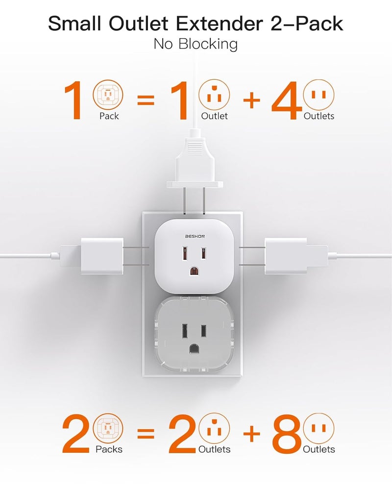 BESHON Multi Plug Outlet Extender 2 Pack, Wall Outlet Splitter with 5 Wall Outlets, Small Multiple Plug Extender, Cruise Essentials, Outlet Adapter No Surge Protector for Cruise Ship Home Office Dorm Room - Image 2